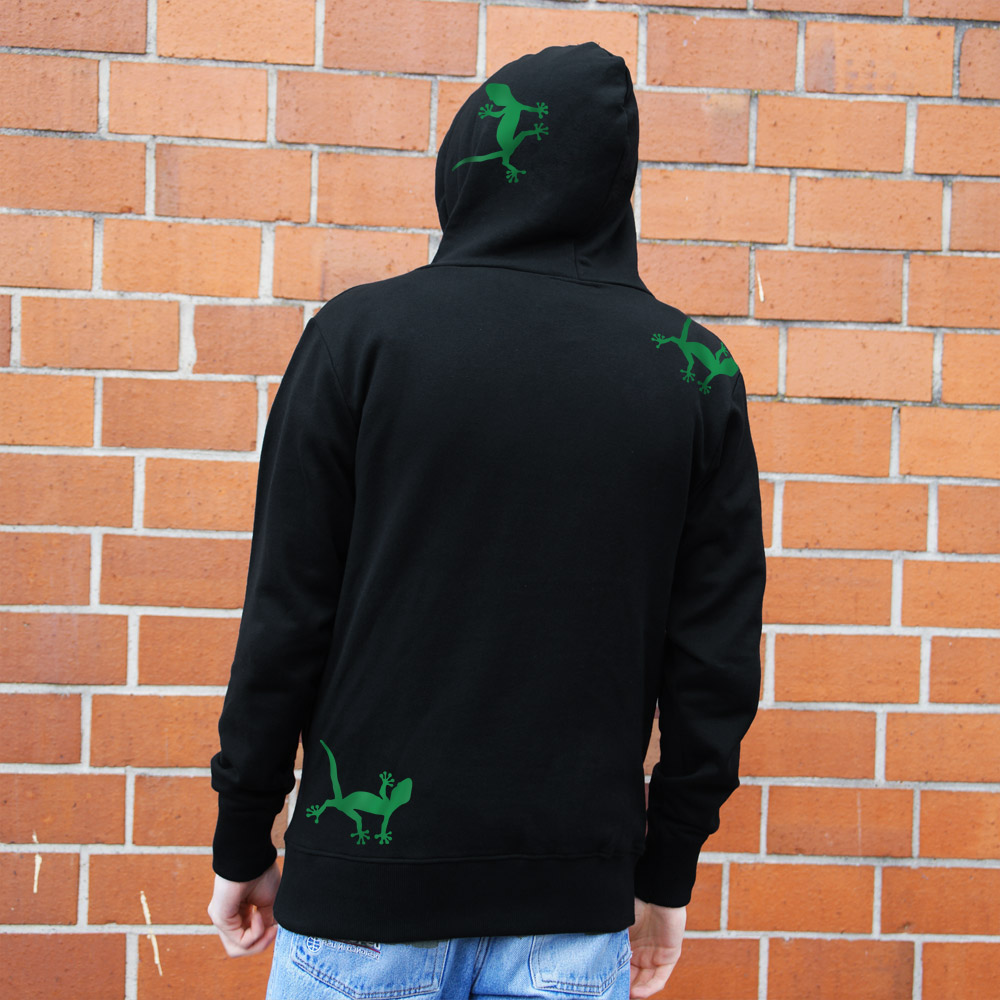 Farbkombination: Black mit Druck in Grün Männer Hoody Geckos